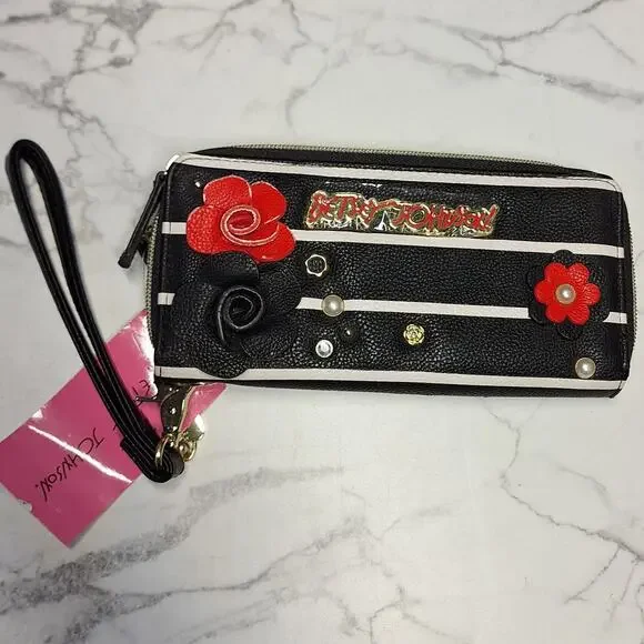 Betsey Johnson NEW zip around wristlet wallet faux leather w roses striped bling - Picture 12 of 13